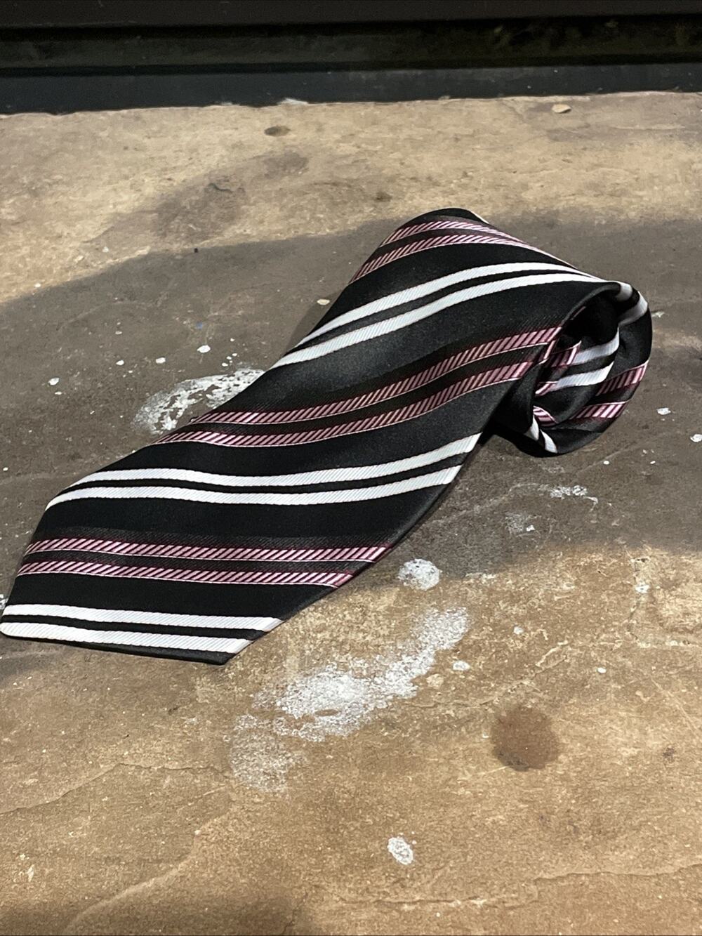 Kai Long 100% Silk Tie Purple White And Black Horizontal Striped